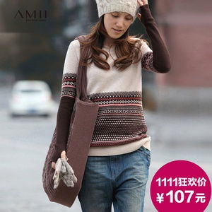 预售AMII原创设计2013冬新款北欧图案拼接中长款羊毛毛衣11120748